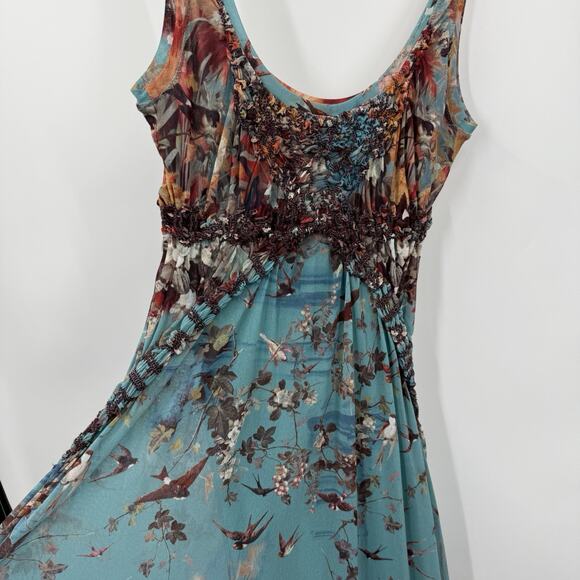 John Paul Gaultier Soleil Maxi Dress M Floral Birds Mesh Sleeveless Smocked Y2K - Picture 13 of 16